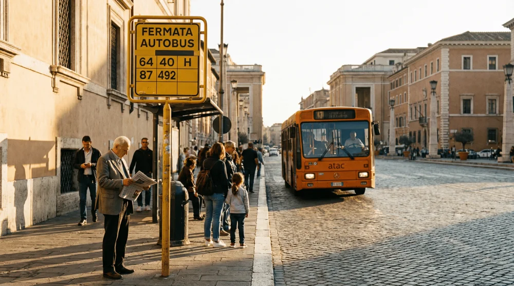 Yellow ATAC bus stop sign in Rome displaying route numbers and stops