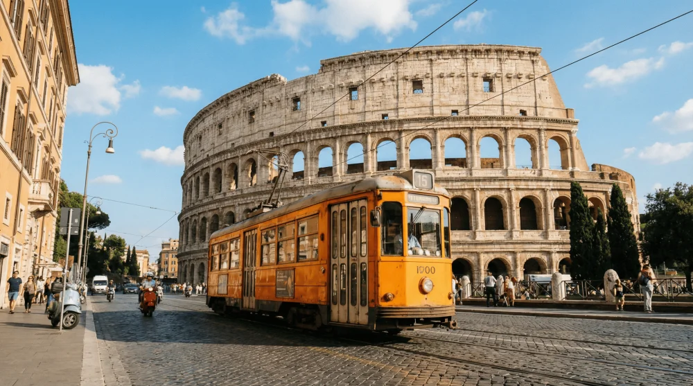 Vintage orange tram passing by the Colosseum in Rome representing public transport