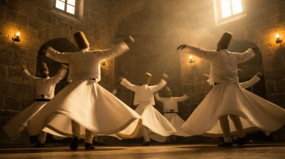 Şeb-i Arus törenlerinde sema eden semazenler ve mistik atmosfer