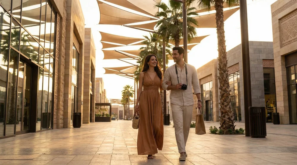 Couple wearing stylish modest clothing walking in Riyadh Boulevard City