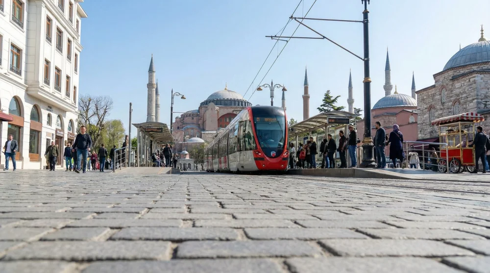 Sultanahmet tramvay durağına yanaşan T1 hattı tramvayı ve tarihi yarımada manzarası