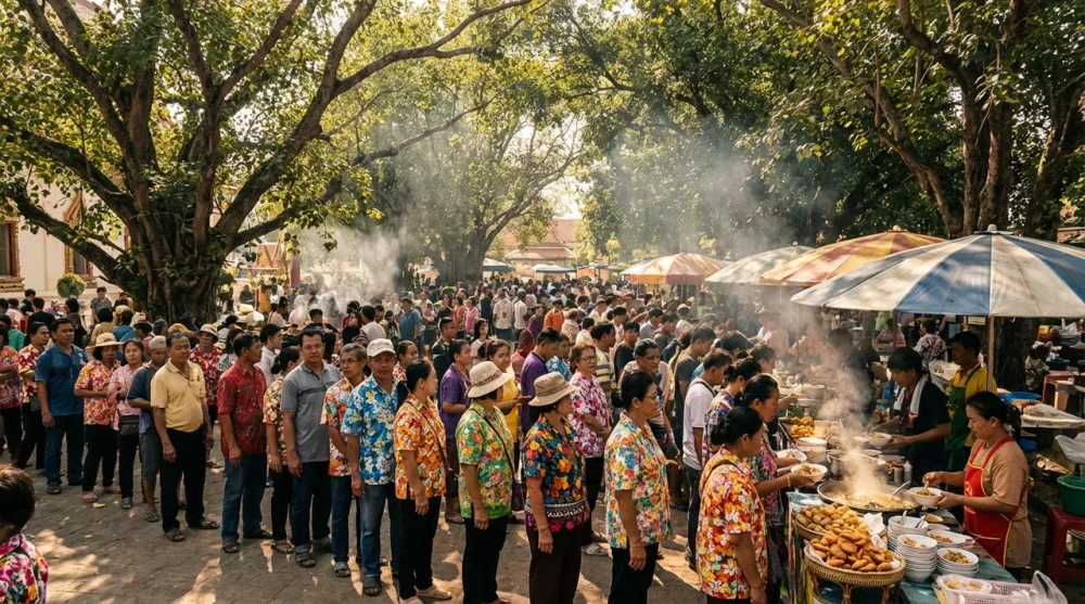 Sunday market thai food stalls crowd