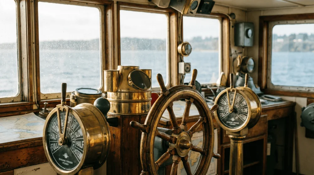 Pirinç detaylı antika gemi dümeni, gemi telgrafı ve pencereden görünen bulanık deniz manzarası