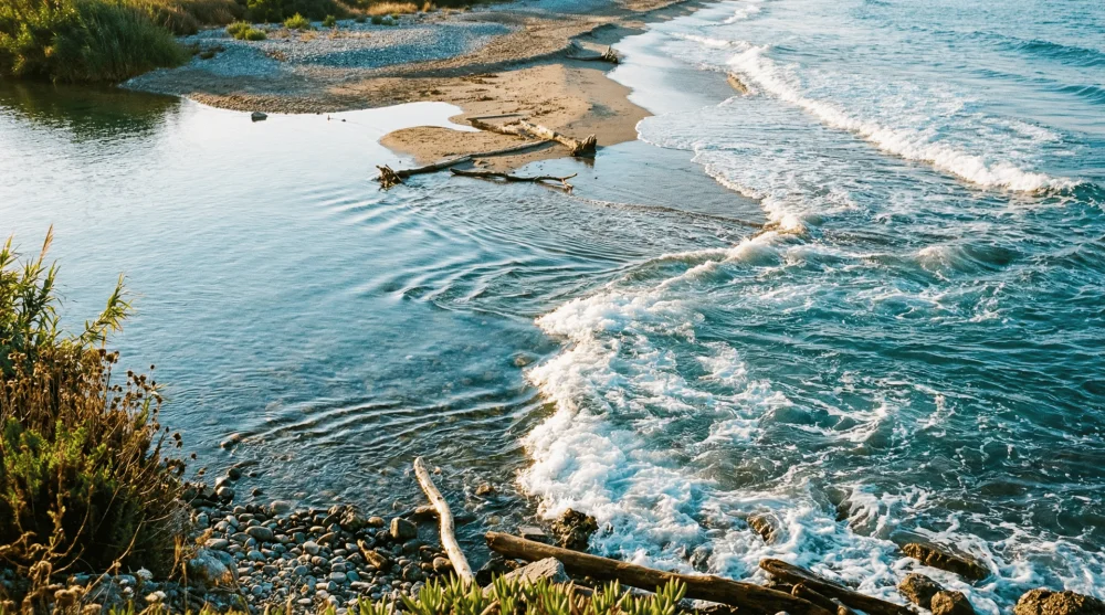 Burnaz Plajı nehir ile denizin birleştiği nokta, tatlı ve tuzlu suyun karışımı