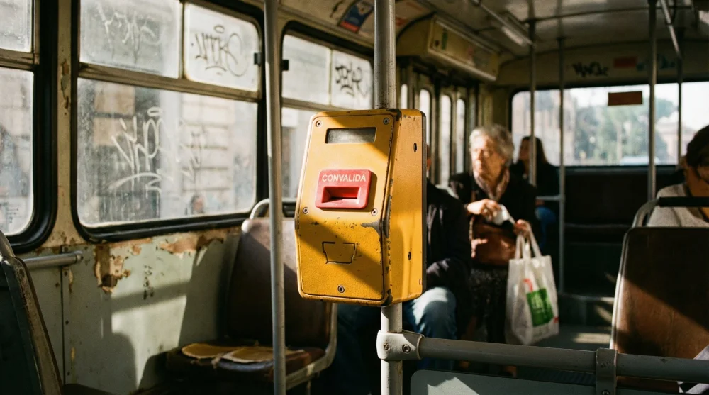 Yellow ticket validation machine inside a bus in Rome for stamping paper tickets