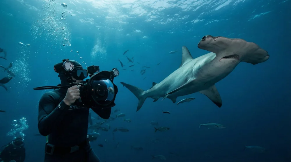 A diver taking professional underwater photos of sharks in the open ocean