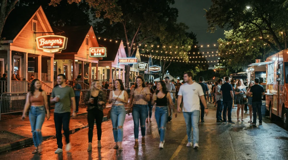 Groups of friends walking along the well-lit Rainey Street at night near bar entrances.