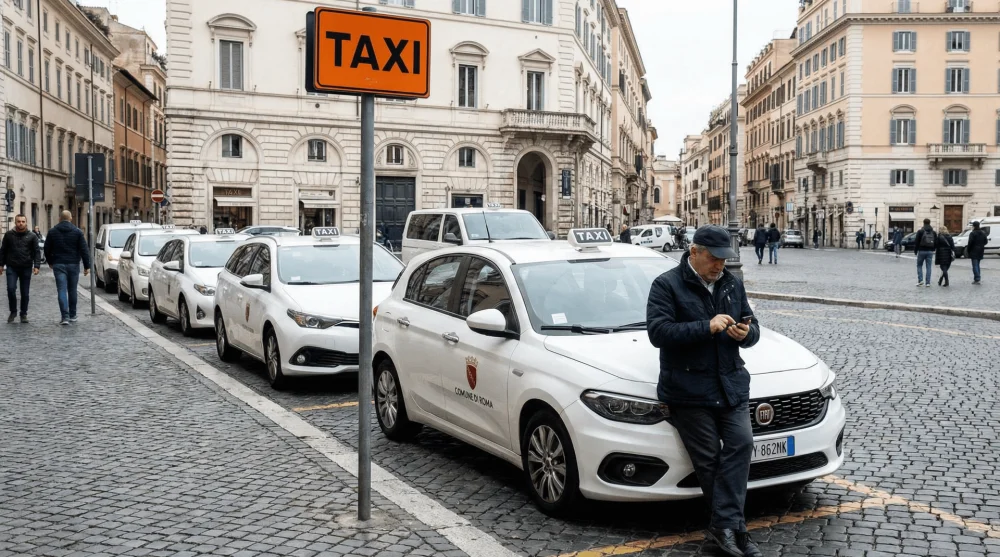 Official white taxis lined up at a designated taxi rank in Rome city center