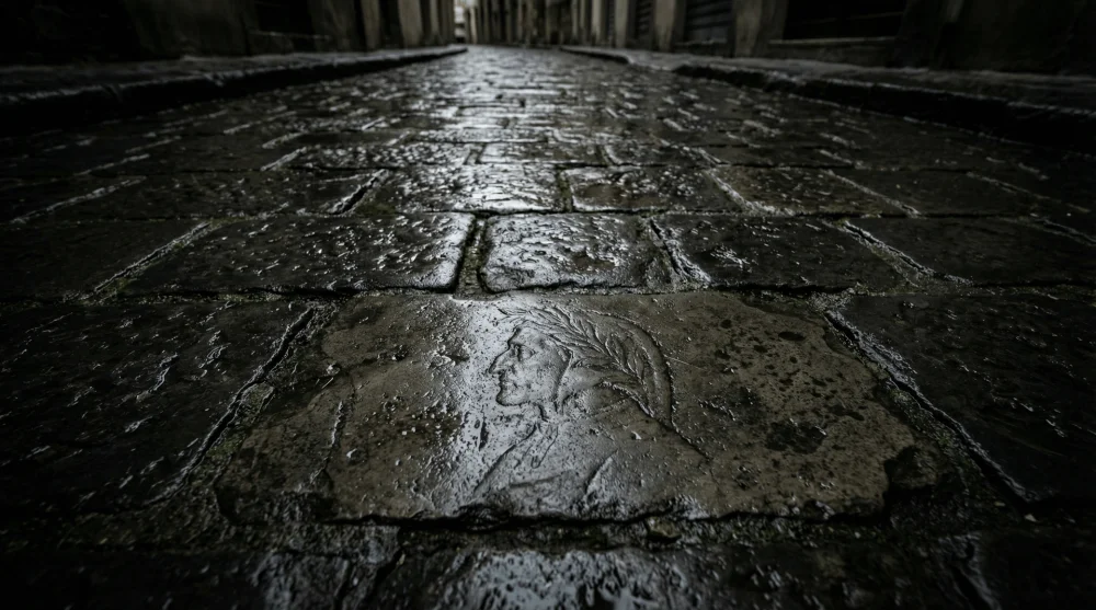 M&uuml;ze &ouml;n&uuml;ndeki kaldırım taşında su d&ouml;k&uuml;l&uuml;nce belirginleşen oyma Dante Alighieri profili