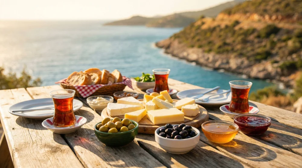 Deniz manzarasına karşı kurulmuş kahvaltı sofrası ve &ccedil;ay keyfi