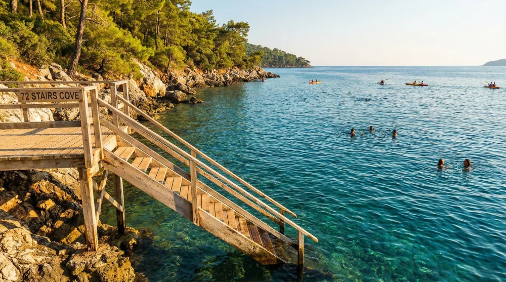 Akyaka 72 Merdiven Koyu'nda denize inen ahşap iskele ve berrak deniz suyu