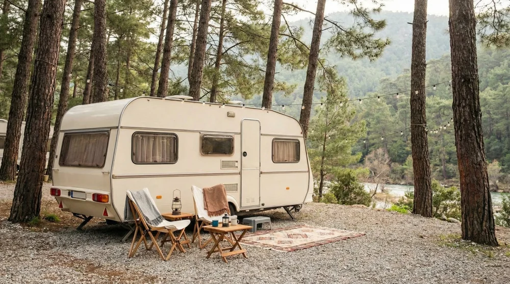 Akyaka ormanlık alanda park etmiş ve kamp düzeni almış bir karavan