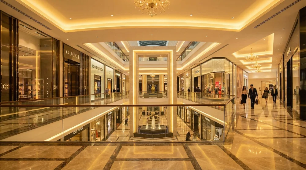 Luxury interior of Al-Mamlaka Mall featuring high-end brands and marble floors
