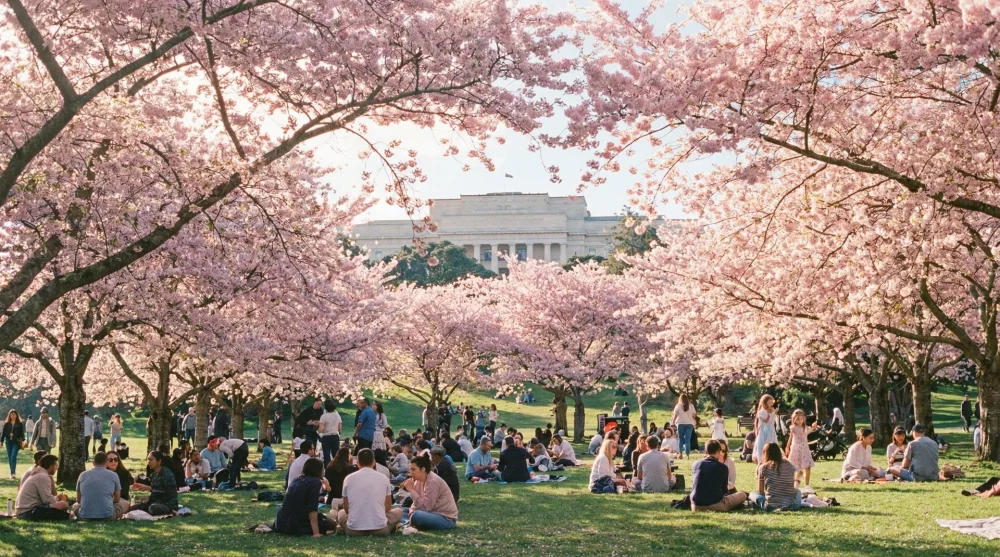 Cherry blossom trees blooming in Auckland Domain with people enjoying picnics