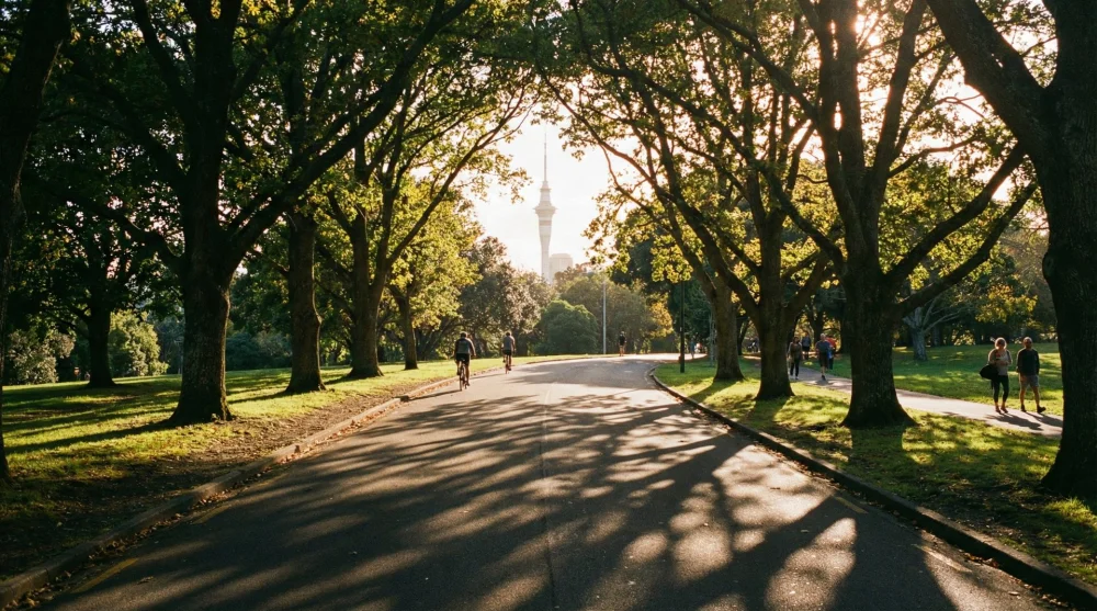 Tree-lined walking path leading into Auckland Domain near Parnell entrance