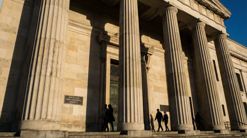 Grand neoclassical columns and entrance steps of the Auckland War Memorial Museum