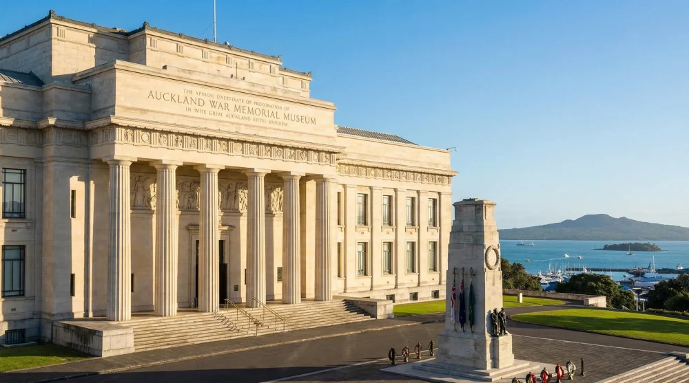 Auckland War Memorial Museum exterior with views of Waitematā Harbour and Rangitoto Island