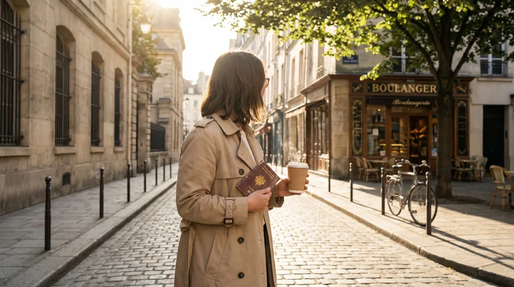 Sabah ışığında Avrupa sokaklarında elinde pasaport tutan mutlu gezgin