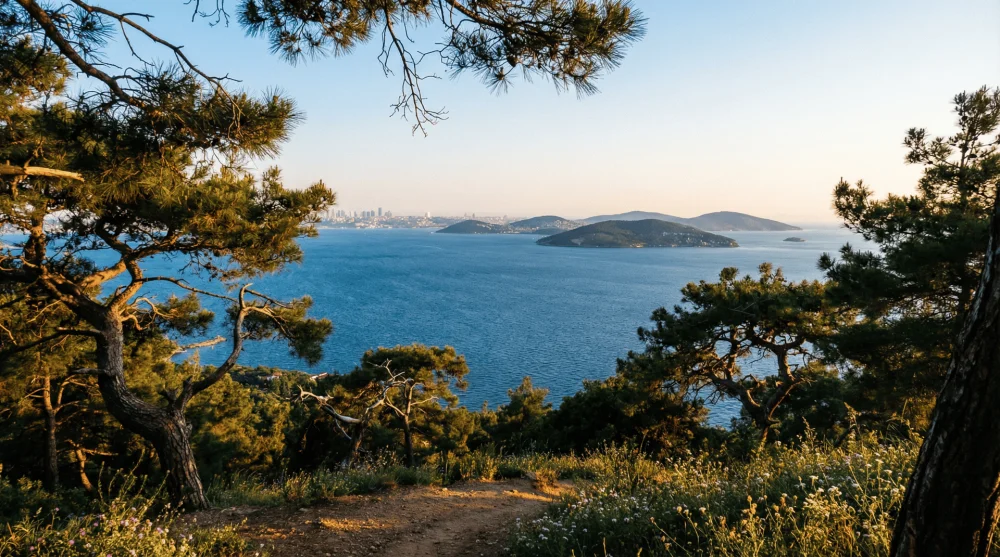 Bayraktepe zirvesinden Marmara Denizi ve &ccedil;am ağa&ccedil;ları manzarası