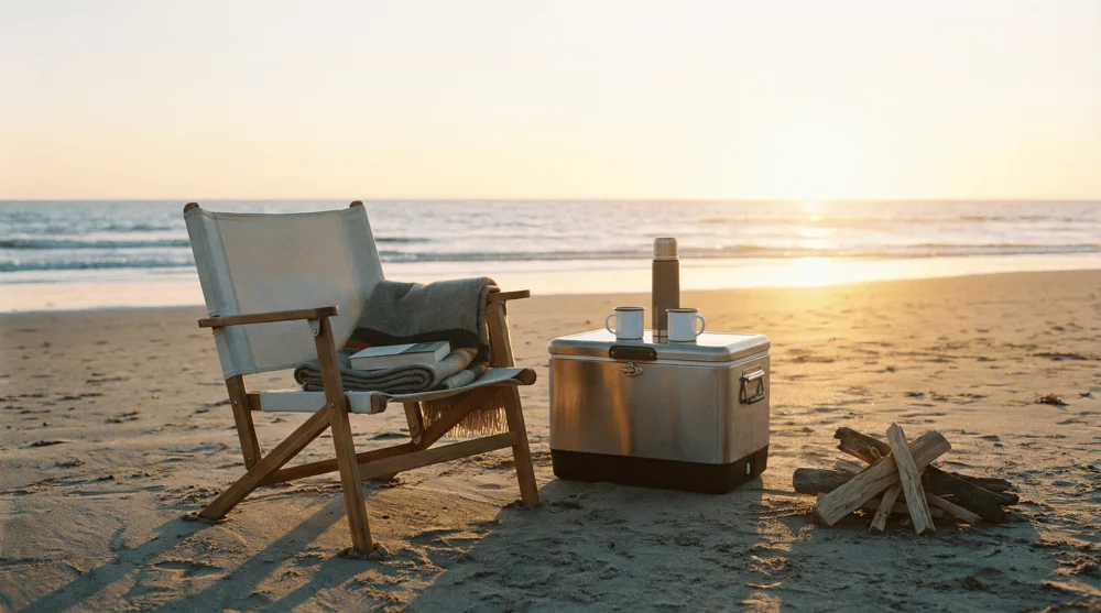 Beğendik plajında kumlar &uuml;zerinde kamp sandalyesi ve termos, tesissiz plaj hazırlığı