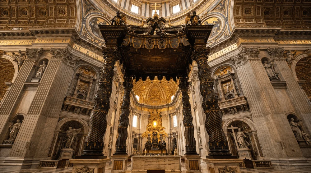 The massive bronze Baldacchino canopy by Bernini standing over the papal altar