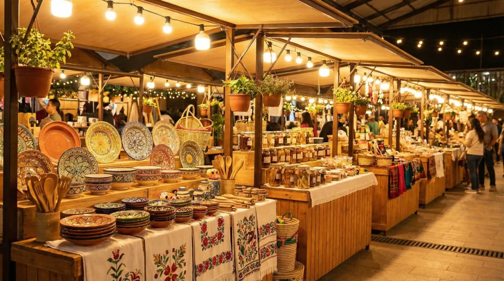Rengarenk mutfak eşyaları ve ev dekorasyon ürünlerinin sergilendiği pazar tezgahı