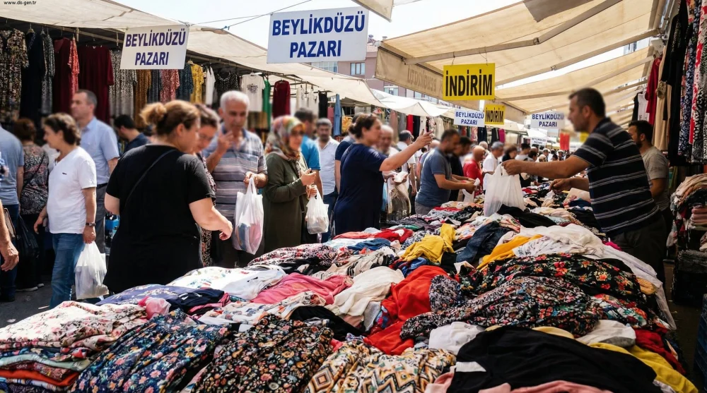 Pazar günleri kurulan sosyete pazarındaki renkli kıyafet tezgahları ve alışveriş yapan kalabalık
