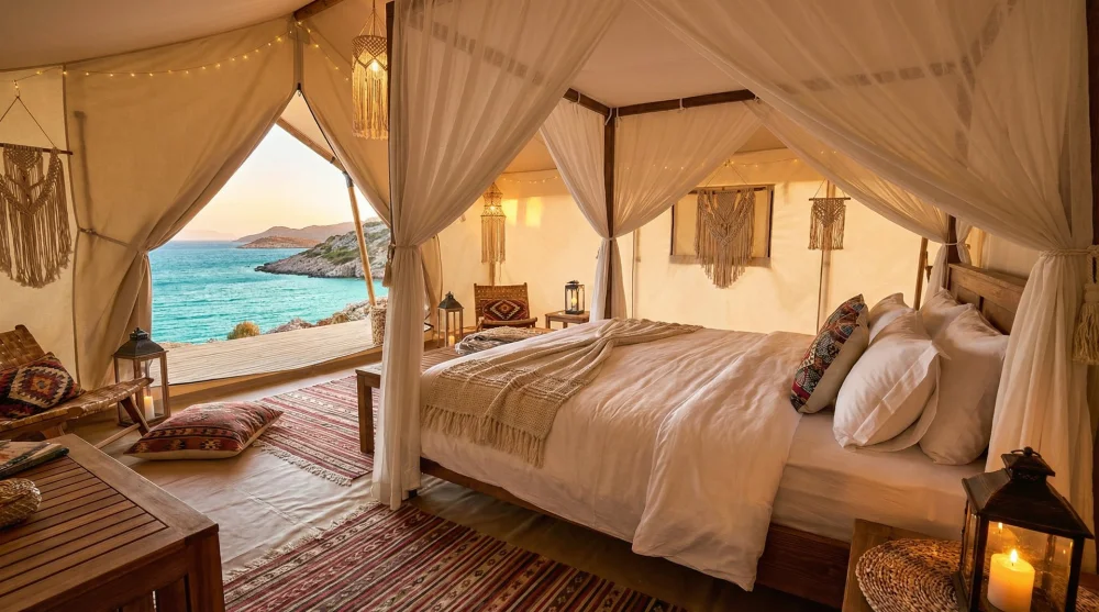 Bodrum lüks glamping çadırı iç tasarımı ve konforlu yatak odası