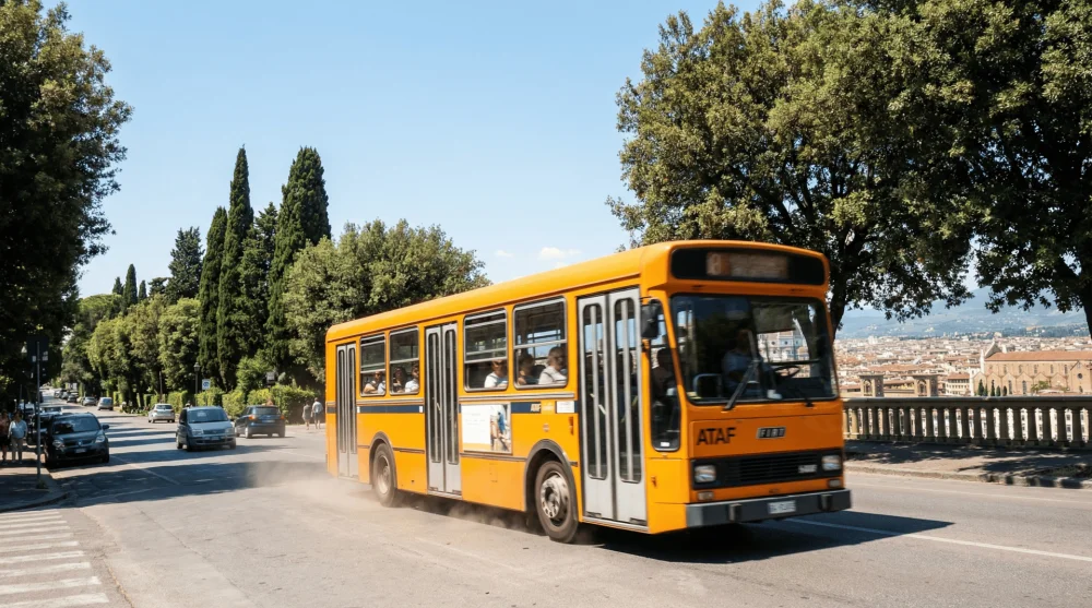 Orange ATAF city bus driving towards Piazzale Michelangelo in Florence