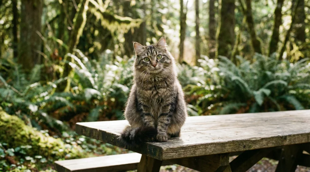 Piknik masasının kenarında yiyecek bekleyen sevimli B&uuml;y&uuml;kada kedisi