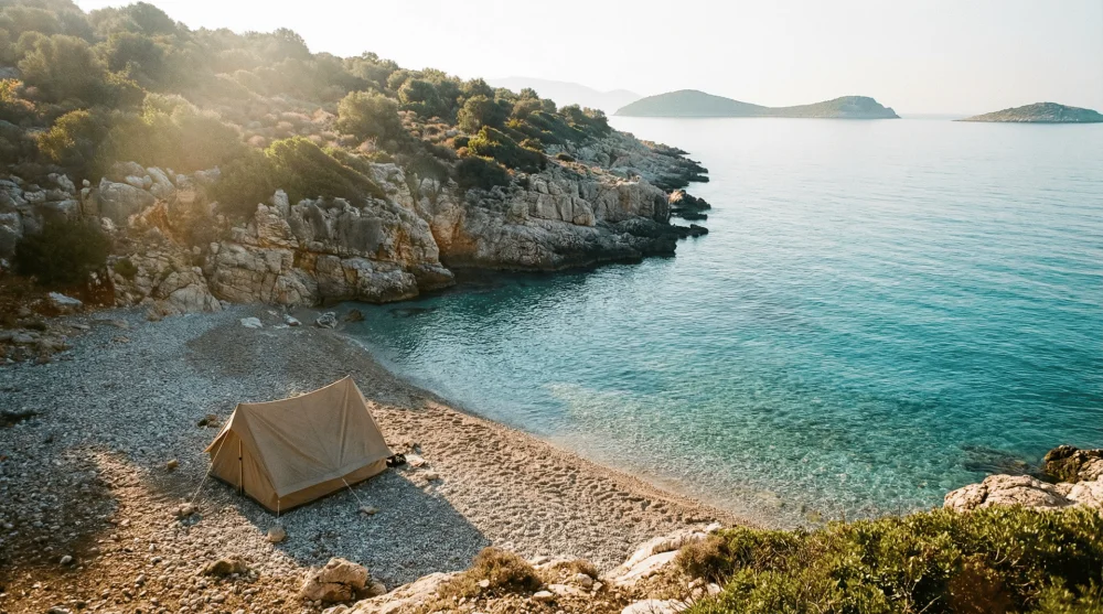 Sığacık &Ccedil;akal Koyu'nda deniz kenarında kurulu kamp &ccedil;adırı ve berrak deniz