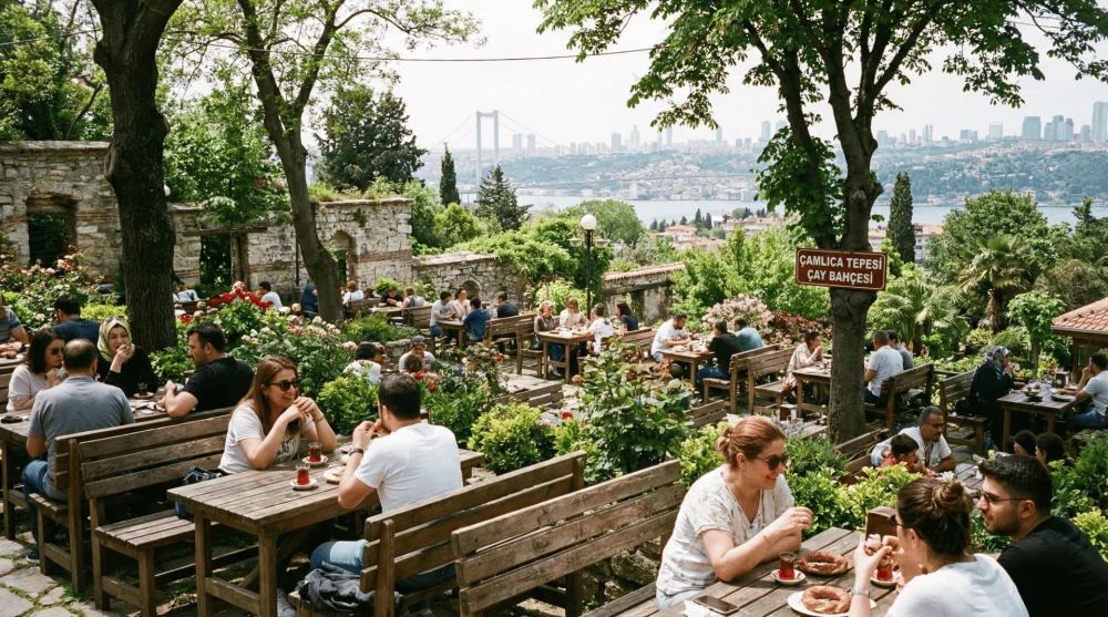 &Ccedil;amlıca Sosyal Tesisleri bah&ccedil;e kafeterya b&ouml;l&uuml;m&uuml;nde manzaraya karşı &ccedil;ay i&ccedil;en insanlar