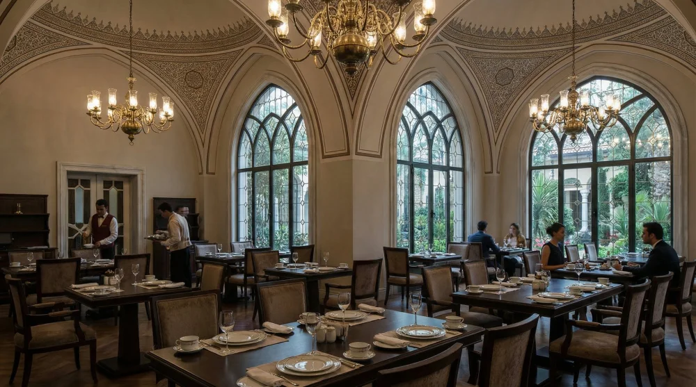 &Ccedil;amlıca Sosyal Tesisleri kapalı restoran b&ouml;l&uuml;m&uuml;n&uuml;n Osmanlı motifli i&ccedil; mekanı ve masaları