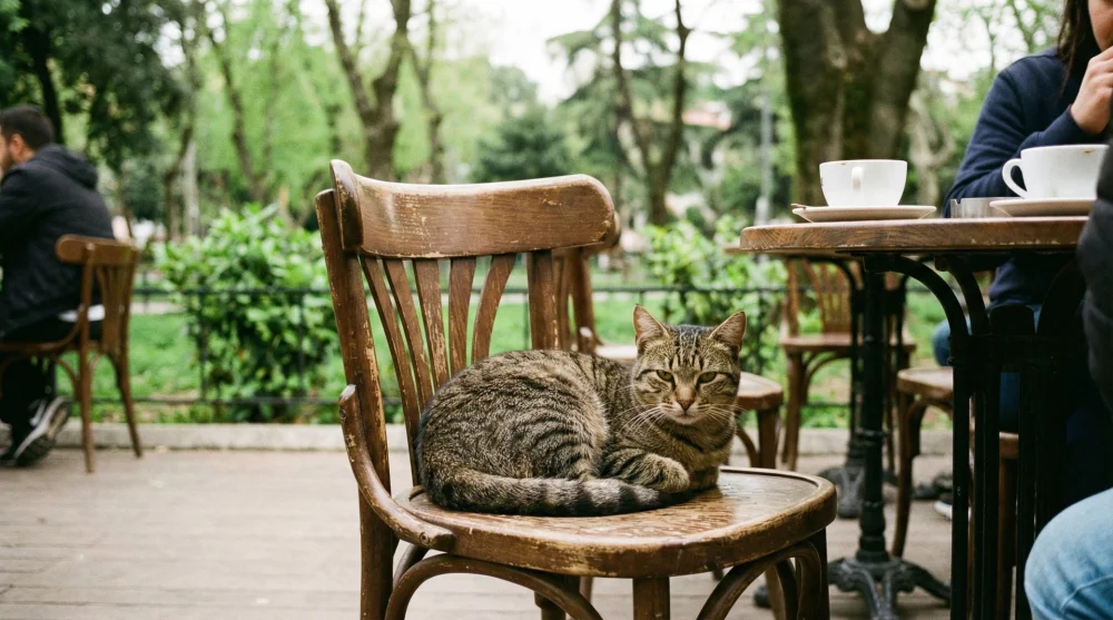 Sosyal tesislerin bah&ccedil;esinde sandalyede oturan sevimli tekir kedi