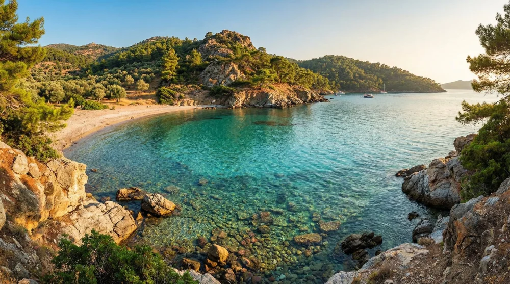 Tesis bulunmayan bakir doğasıyla Foça Çanak Koyu ve berrak denizi