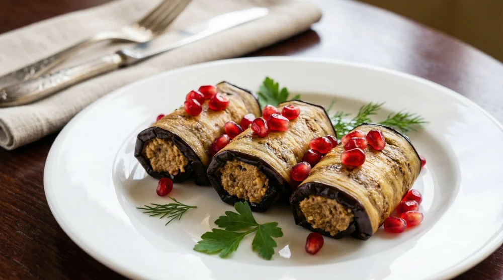 Ceviz ezmesi dolgulu patlıcan rulosu Badrijani Nigvzit ve nar taneleri