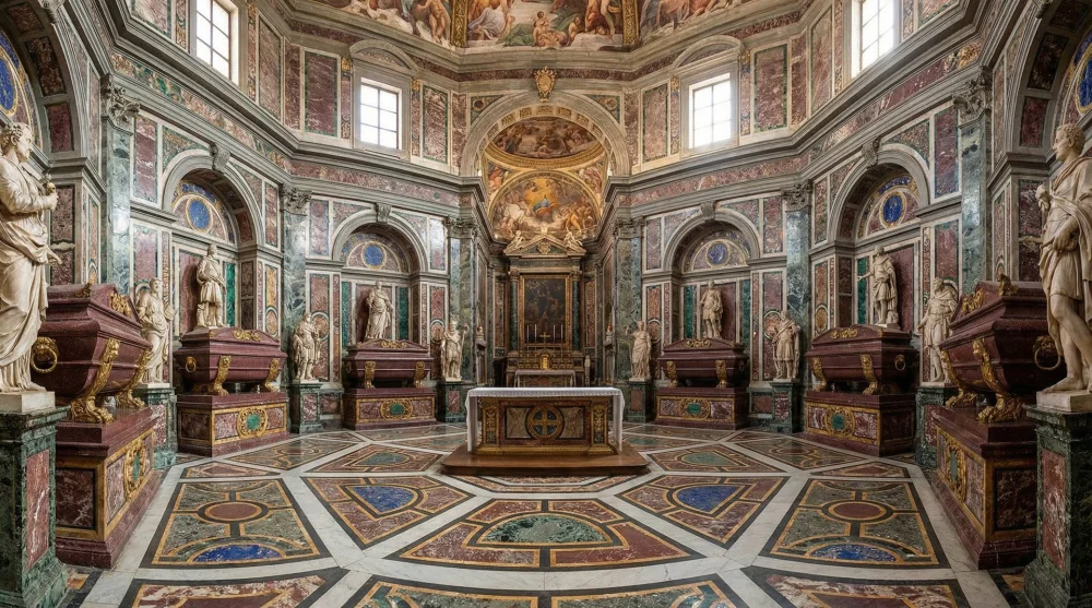 The opulent interior of the Chapel of the Princes lined with rare colored marble and semi-precious stones