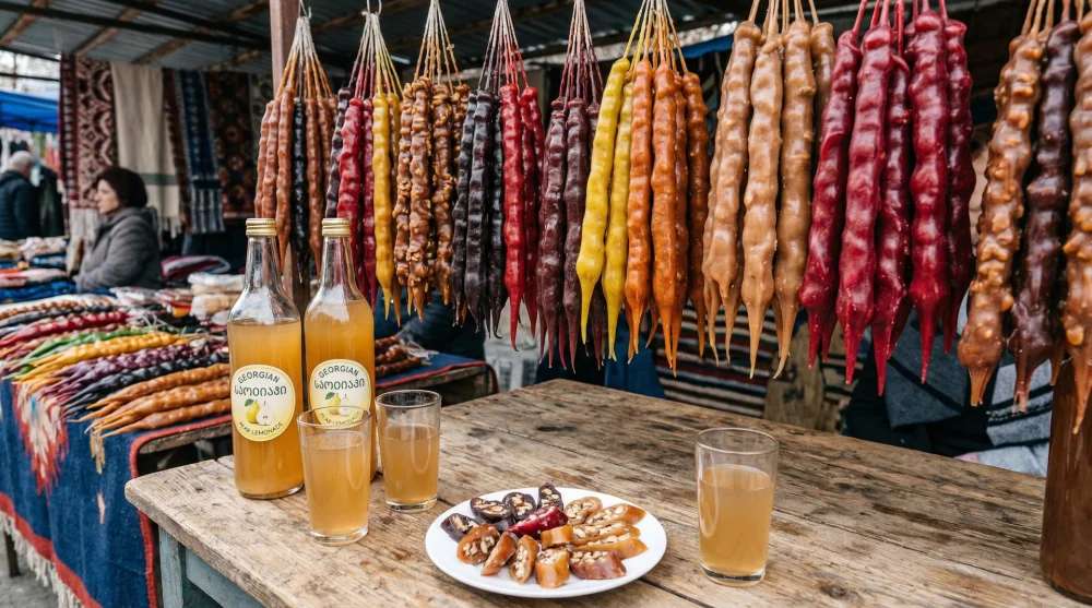 İpe dizilmiş cevizli sucuk Churchkhela ve G&uuml;rc&uuml; armut gazozu