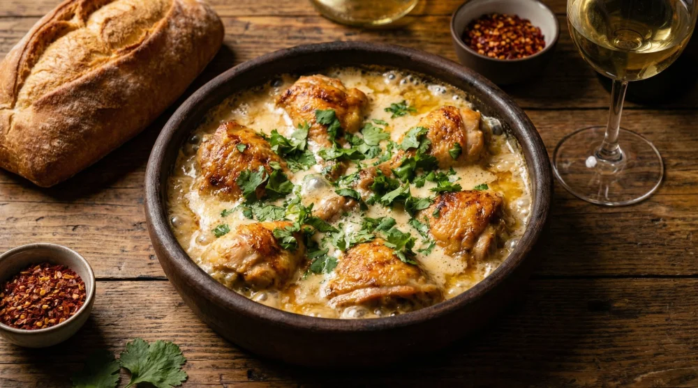 G&uuml;ve&ccedil;te pişen sarımsaklı ve s&uuml;tl&uuml; soslu G&uuml;rc&uuml; tavuğu &Ccedil;kmeruli