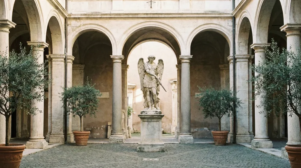 The original marble statue of Archangel Michael in the serene Courtyard of the Angel inside Castel Sant'Angelo