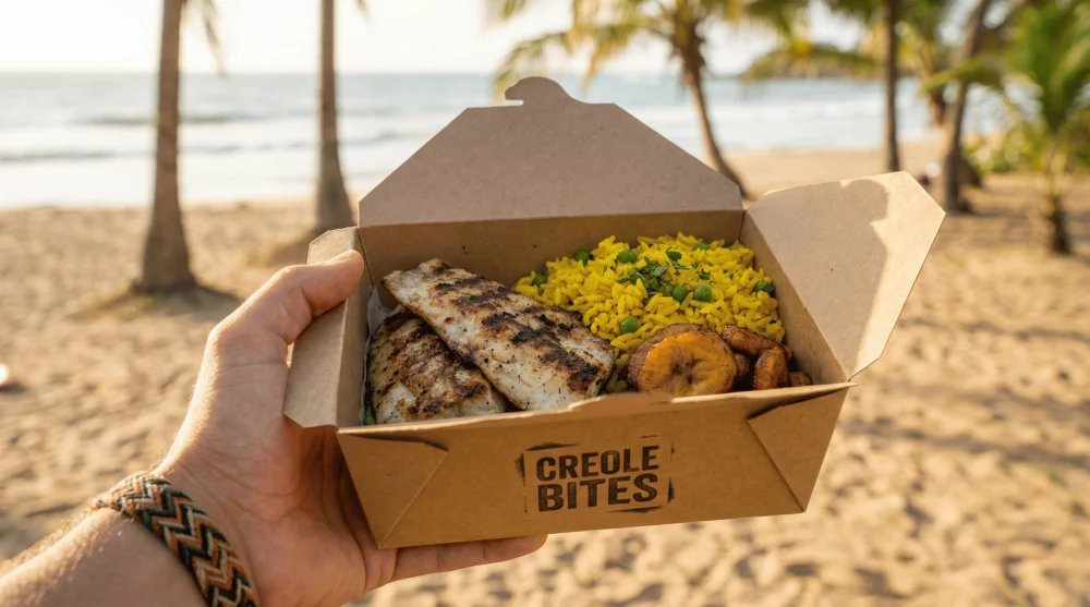 Authentic Seychelles Creole takeaway box filled with grilled fish and saffron rice
