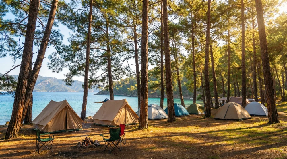 &Ccedil;ubucak Orman Kampı'nda kızıl&ccedil;am ağa&ccedil;ları altına kurulmuş &ccedil;adırlar ve arka planda deniz