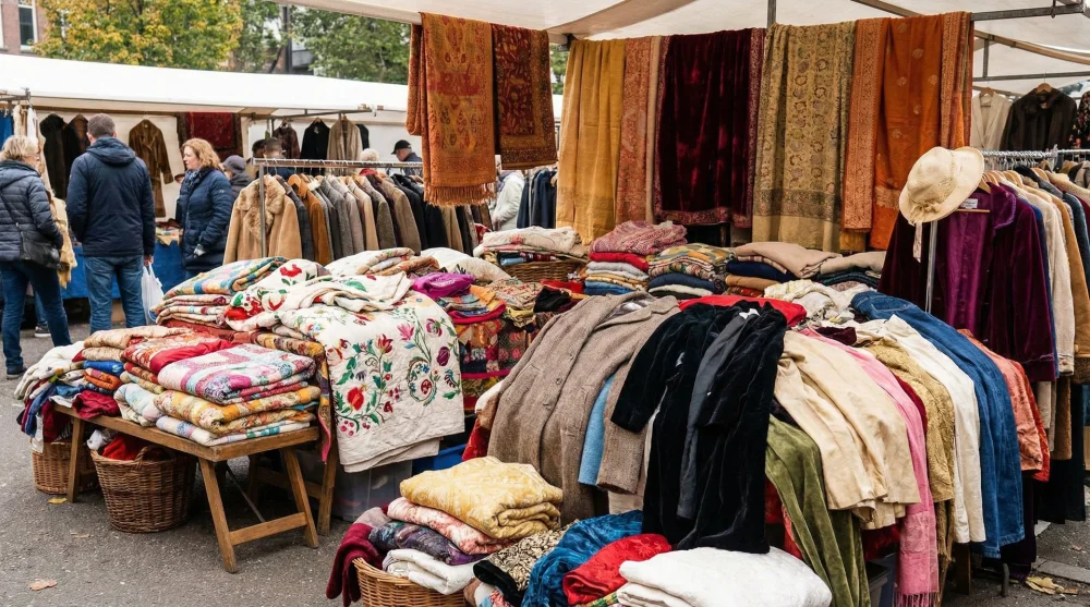 Cuma g&uuml;nleri kurulan bit pazarında ikinci el kıyafet yığınları