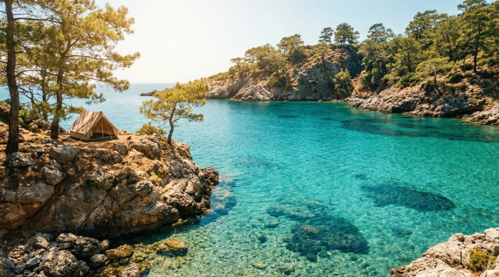 Fethiye Darboğaz Koyu'nun kristal berraklığında denizi ve kayalık kıyısında k&uuml;&ccedil;&uuml;k bir kamp &ccedil;adırı