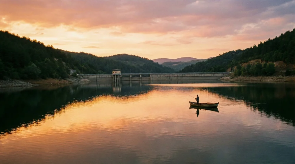 Gün batımında Darlık Barajı göl kenarı sakin kamp alanı