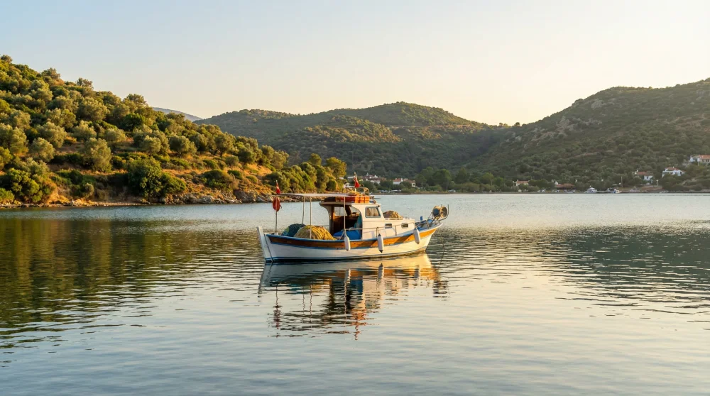 Tepelerle &ccedil;evrili Hayıtb&uuml;k&uuml; koyunda demirlemiş balık&ccedil;ı tekneleri ve durgun deniz