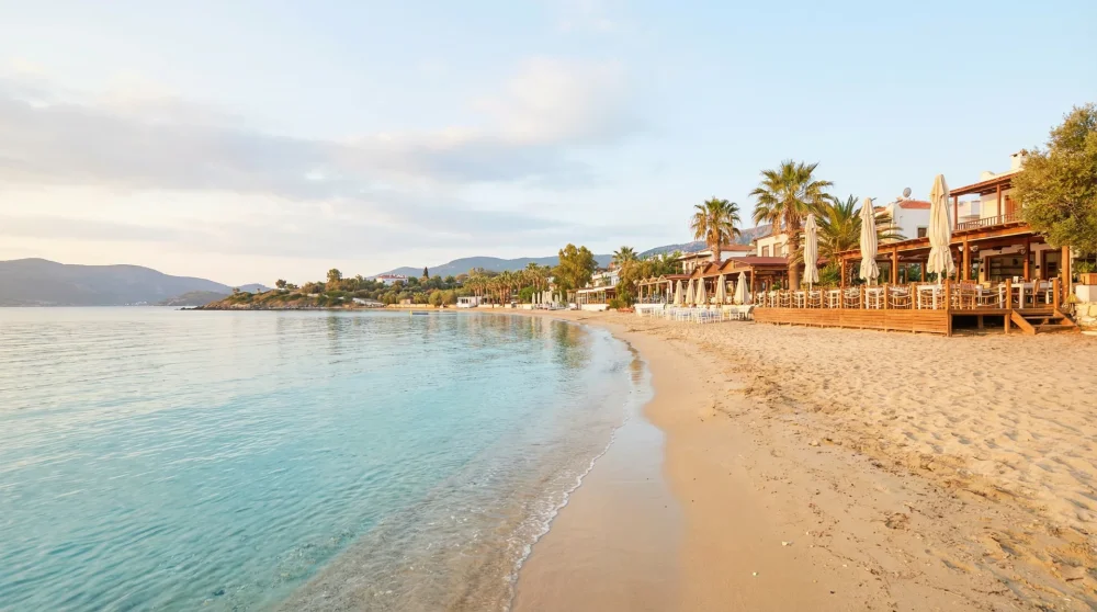 Dat&ccedil;a Kumluk Plajı'nın sığ turkuaz denizi ve sahil şeridindeki restoranlar