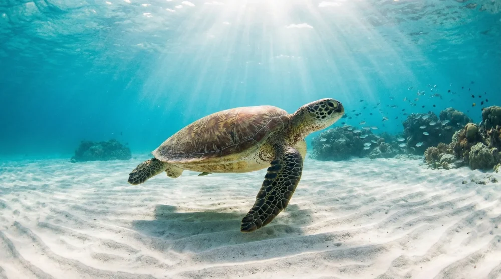 Cennet Koyu'nun berrak sularında beyaz kumlar &uuml;zerinde y&uuml;zen dev deniz kaplumbağası