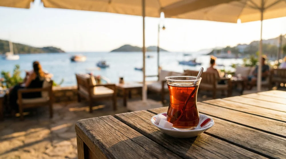 B&uuml;y&uuml;kada deniz manzarasına karşı ahşap masada duran ince belli &ccedil;ay bardağı