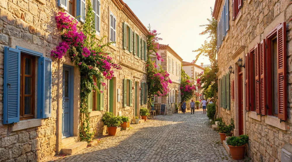 Eski Fo&ccedil;a'nın begonvillerle s&uuml;sl&uuml; taş evleri ve Arnavut kaldırımlı dar sokakları